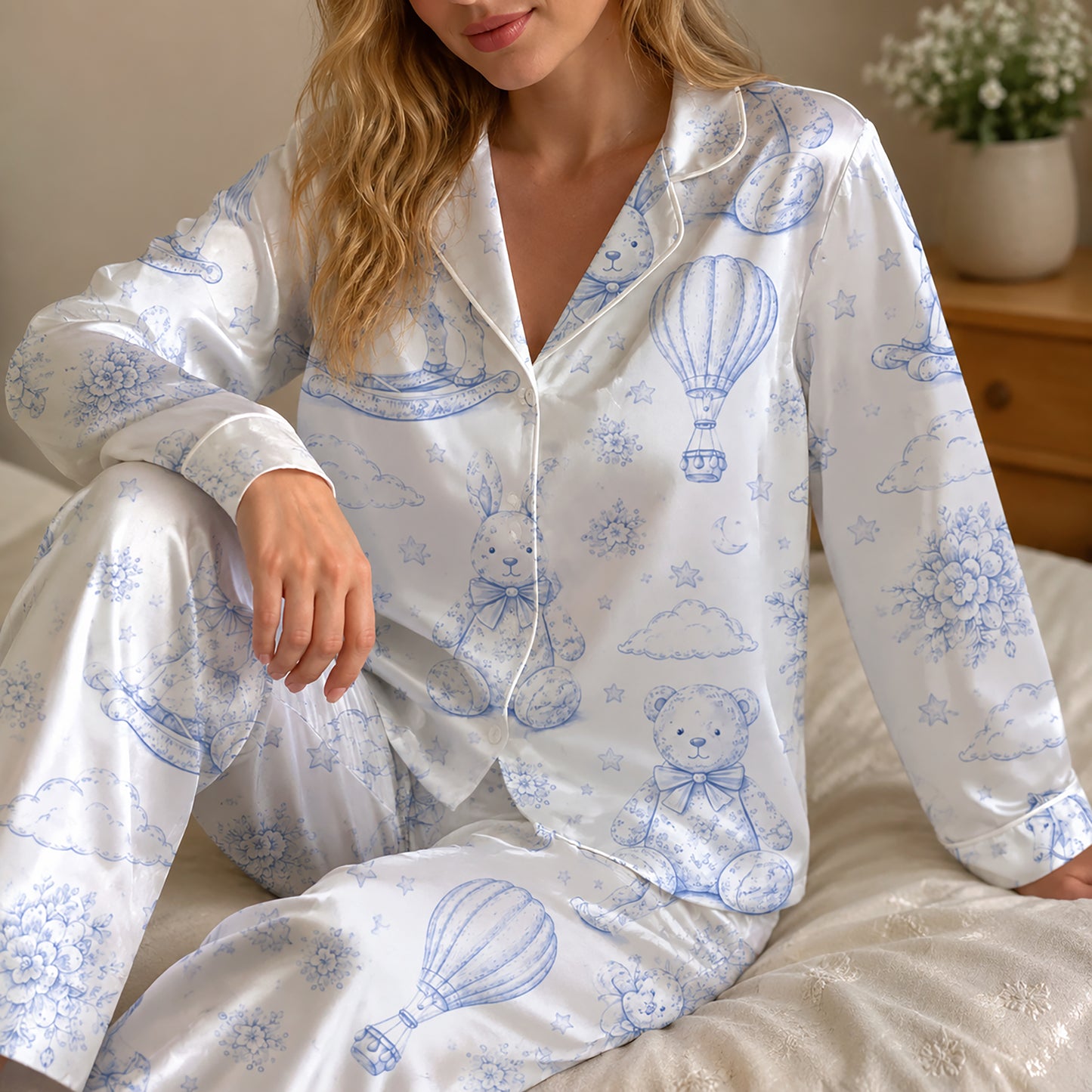 PJ-312-Vintage Toy Animal Sketch Print Satin Button Down Pajama Set