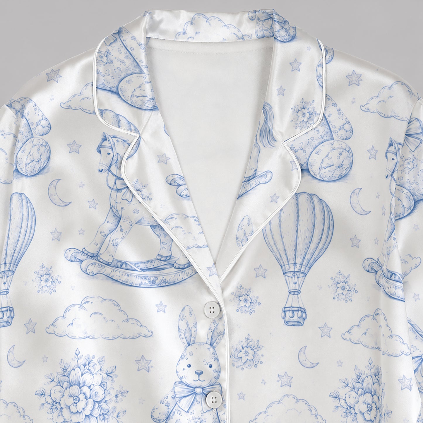 PJ-312-Vintage Toy Animal Sketch Print Satin Button Down Pajama Set