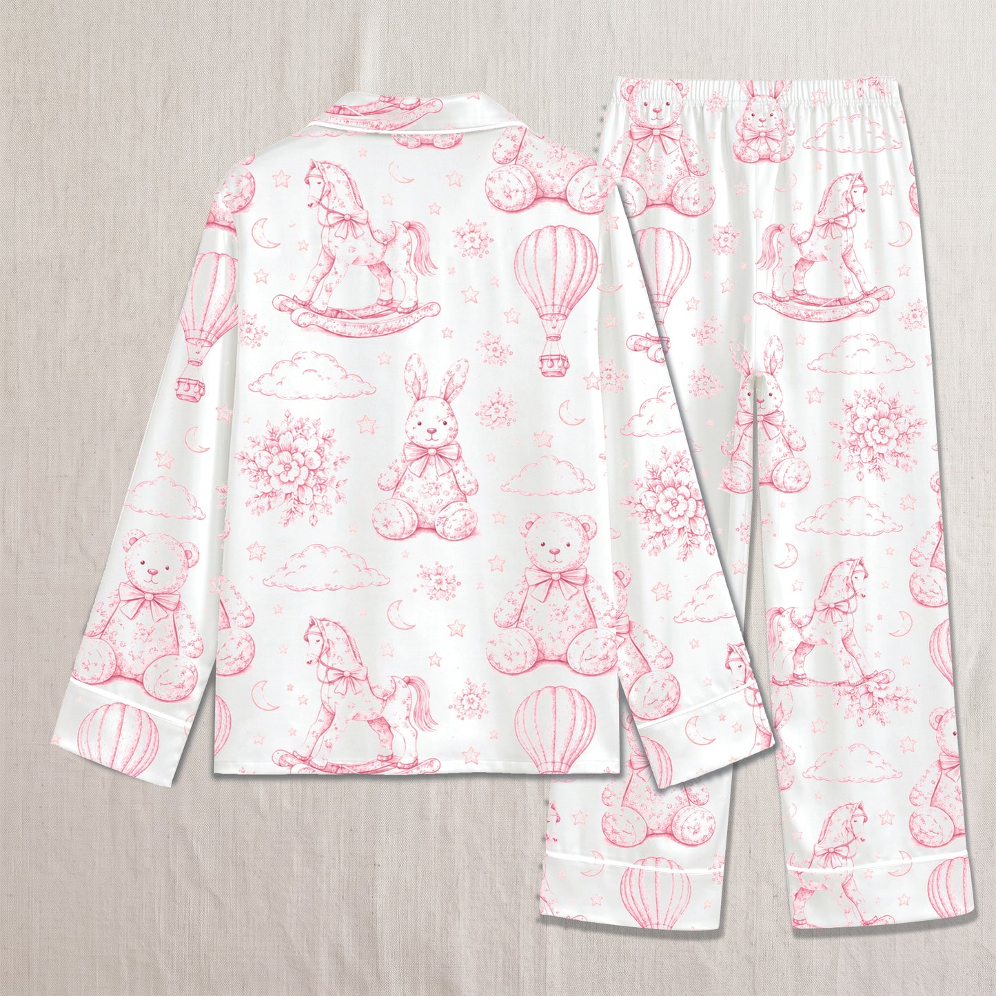 PJ-312-Vintage Toy Animal Sketch Print Satin Button Down Pajama Set