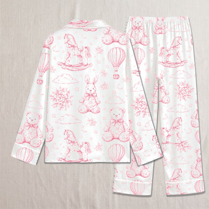 PJ-312-Vintage Toy Animal Sketch Print Satin Button Down Pajama Set