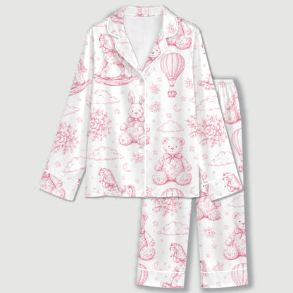 PJ-312-Vintage Toy Animal Sketch Print Satin Button Down Pajama Set