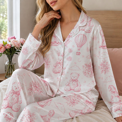 PJ-312-Vintage Toy Animal Sketch Print Satin Button Down Pajama Set