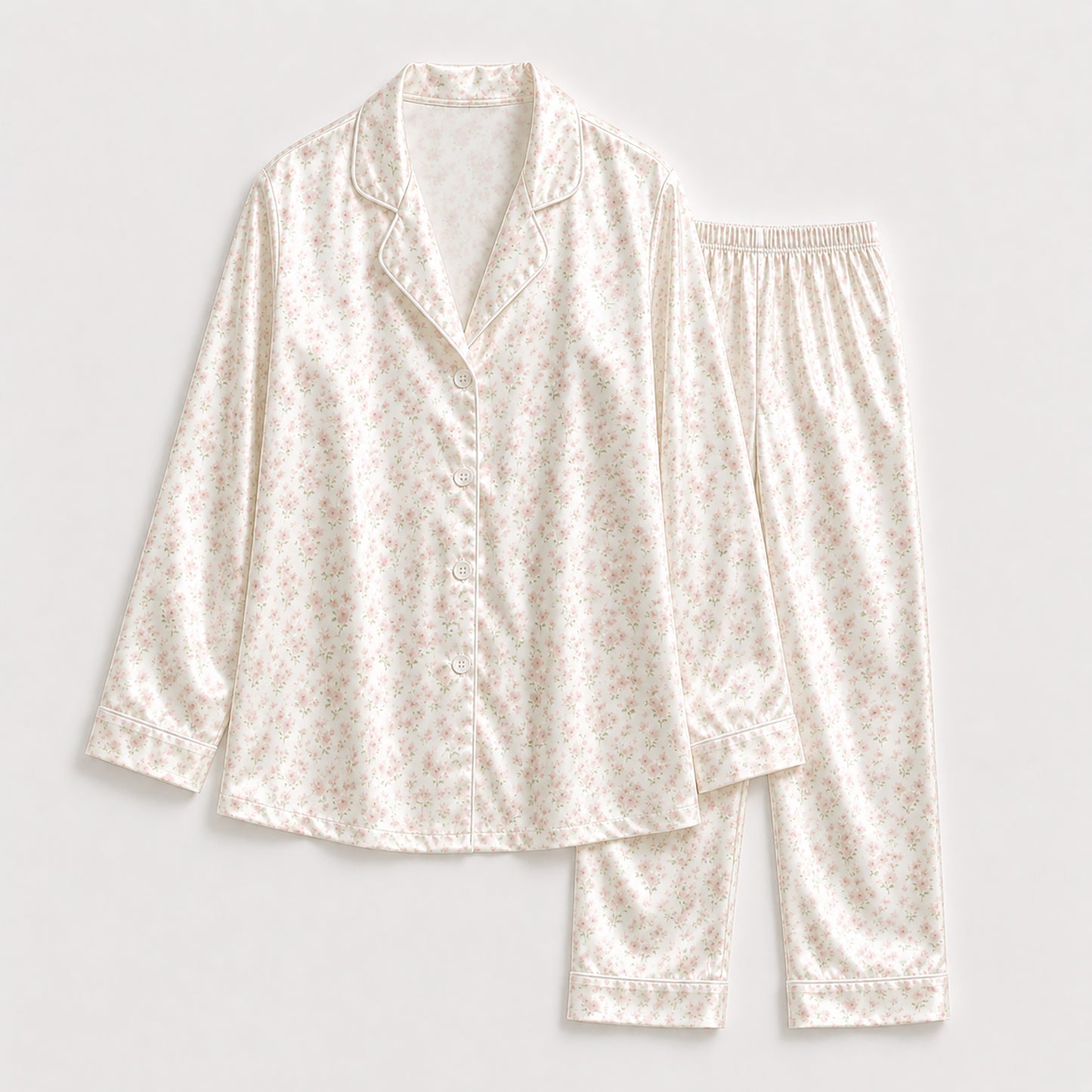 PJ-314-White Satin Floral Pajama Set, Pink Rose Sleeve Loungewear Sleepwear Collection Nightwear Boutique