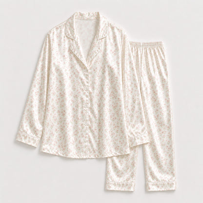 PJ-314-White Satin Floral Pajama Set, Pink Rose Sleeve Loungewear Sleepwear Collection Nightwear Boutique