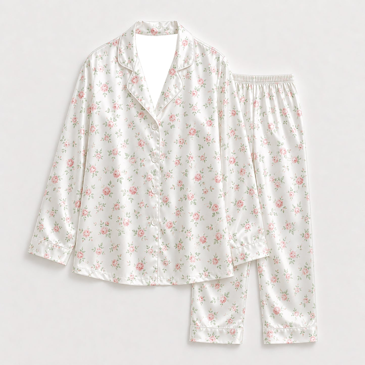 PJ-315-Repeating Ditsy Blossom Printed Satin Pajama Set, Novelty Pastel Unisex Sleepwear Lounge Coordinates