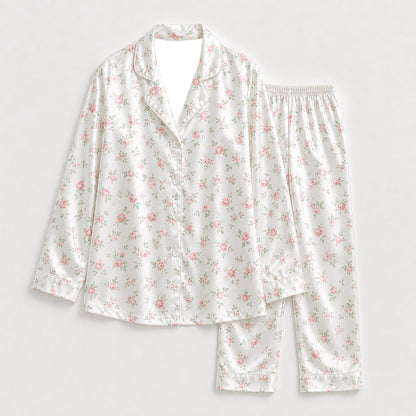 PJ-315-Repeating Ditsy Blossom Printed Satin Pajama Set, Novelty Pastel Unisex Sleepwear Lounge Coordinates