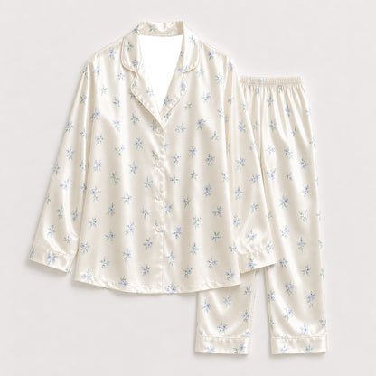 PJ-316-Cream Satin Floral Pajama Set, Blue Blossom Sleeve Loungewear Sleepwear Collection Nightwear Boutique Outfit