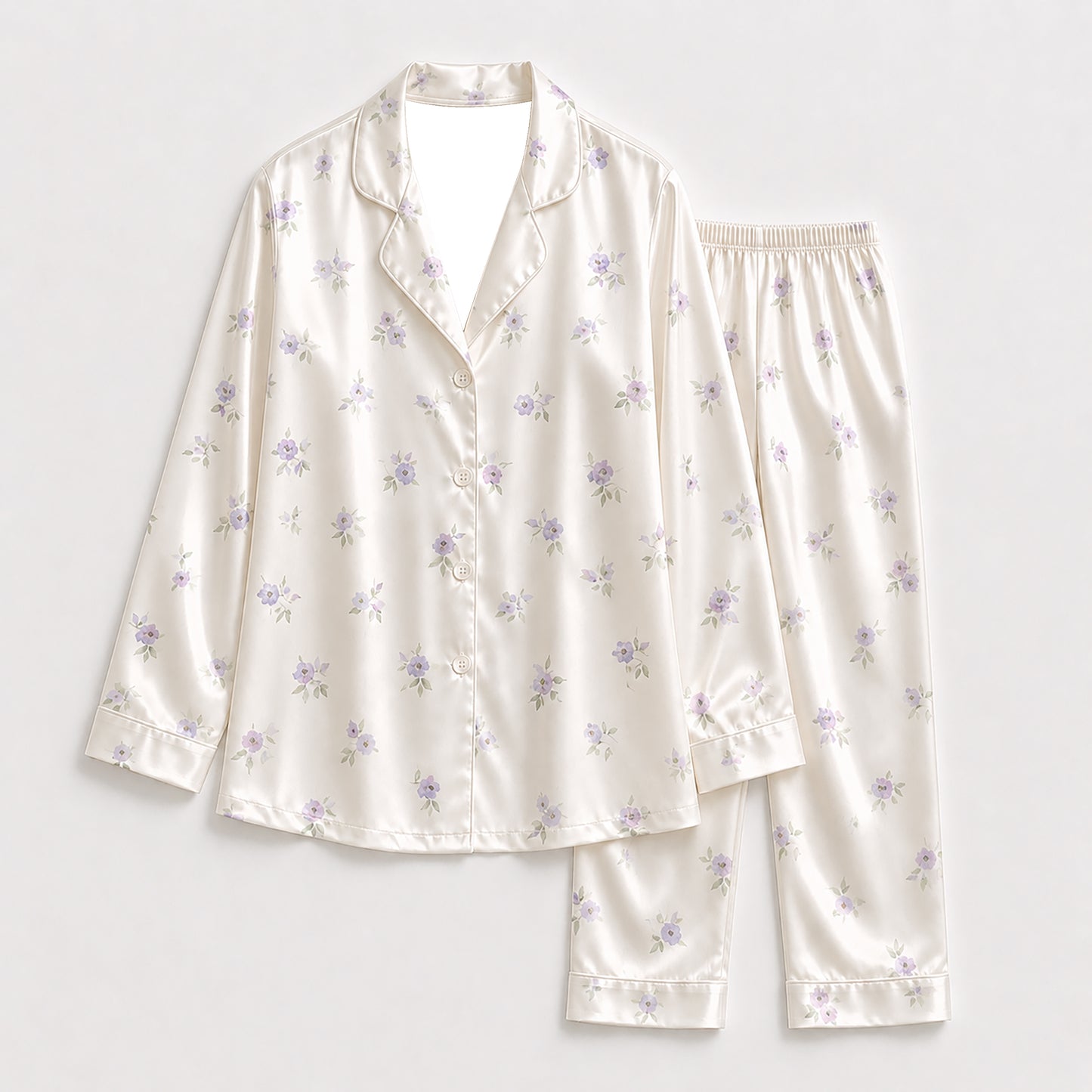 PJ-317-Patterned Violet Premium Satin Pajama Set, Light Ivory Short Button Front Clothing Bedtime Ensemble