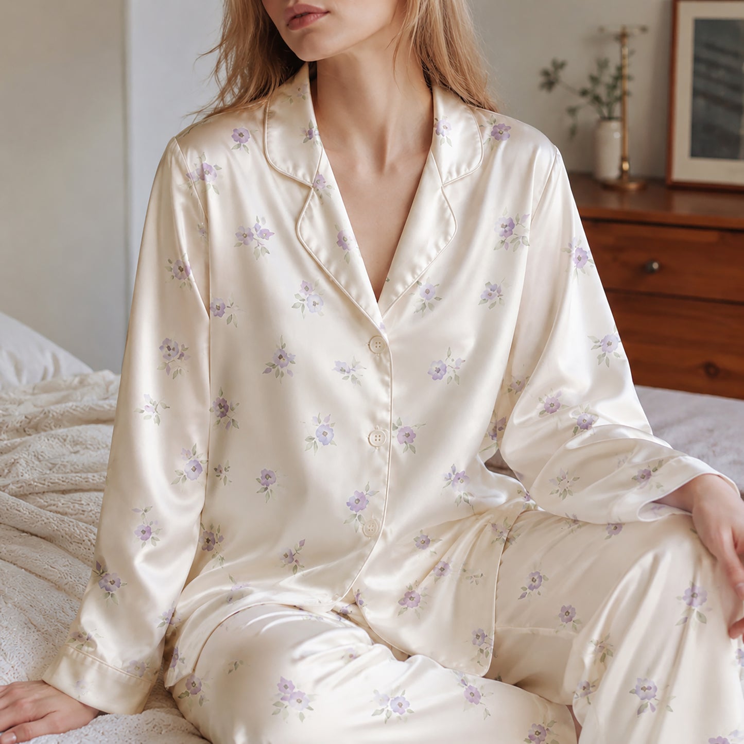 PJ-317-Patterned Violet Premium Satin Pajama Set, Light Ivory Short Button Front Clothing Bedtime Ensemble