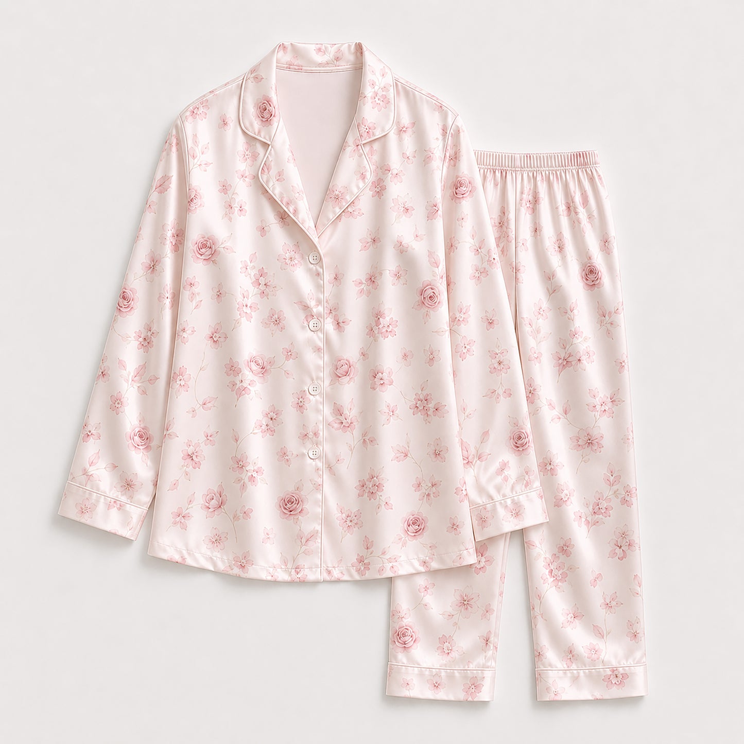 PJ-318-Pink Satin Floral Pajama Set, Rose Blossom Sleeve Loungewear Sleepwear Collection Nightwear Boutique