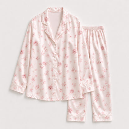 PJ-318-Pink Satin Floral Pajama Set, Rose Blossom Sleeve Loungewear Sleepwear Collection Nightwear Boutique