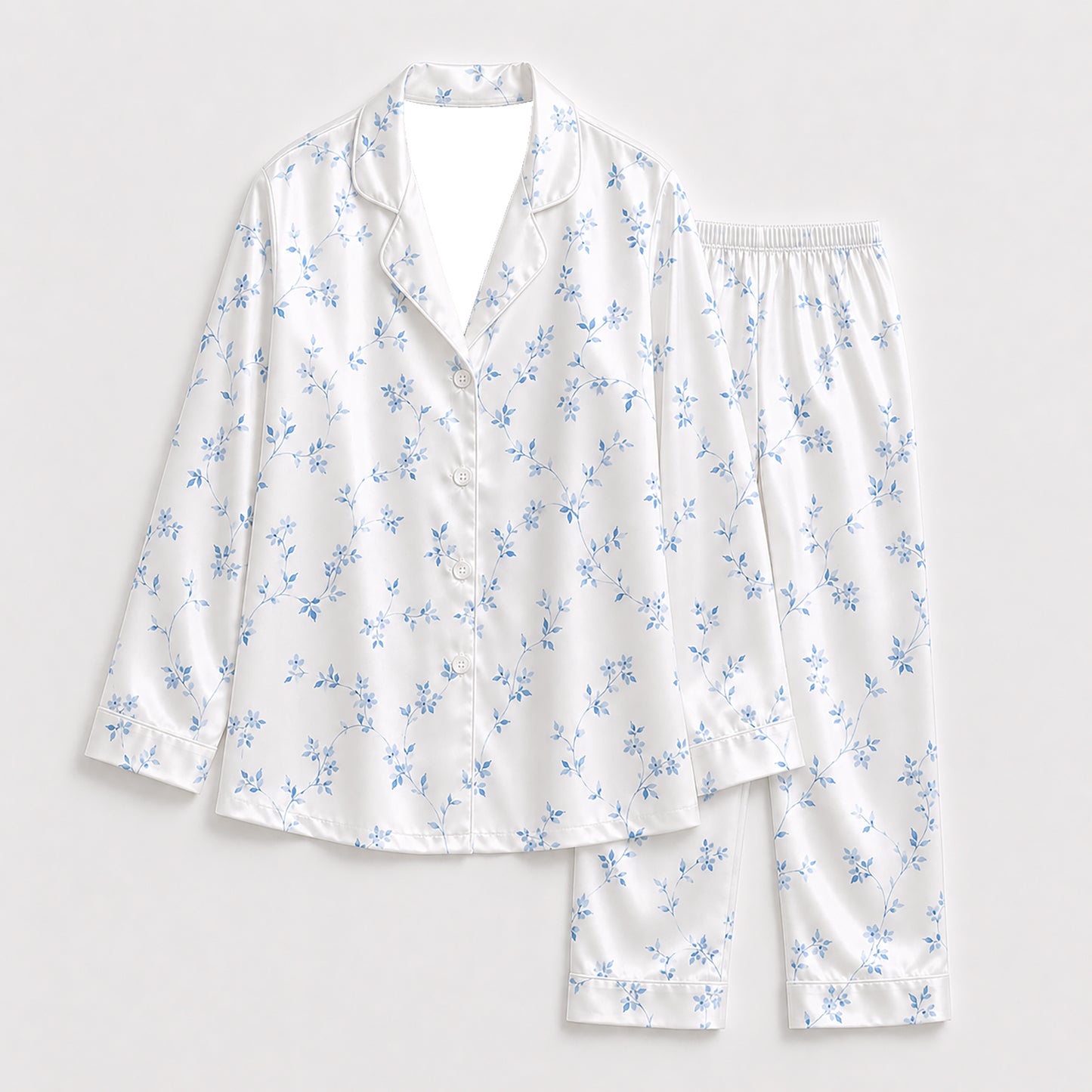 PJ-319-White and Blue Floral Vine Print Satin Button Down Sleepwear Set