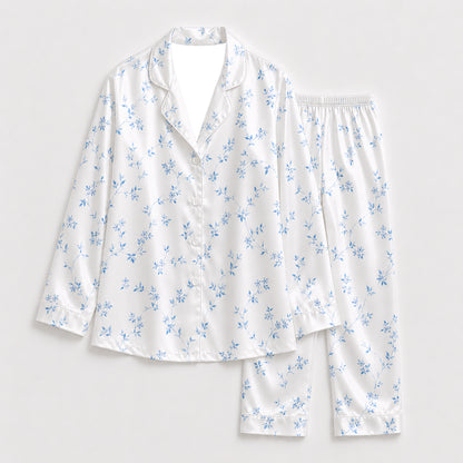 PJ-319-White and Blue Floral Vine Print Satin Button Down Sleepwear Set