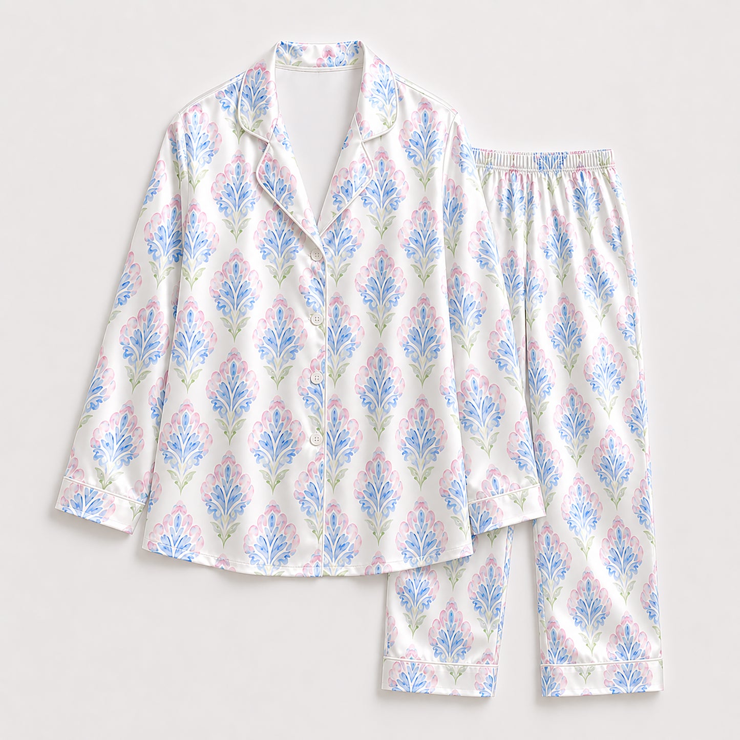 PJ-320-Women's Satin Pajamas Watercolor Medallion Floral Print Button Up Set