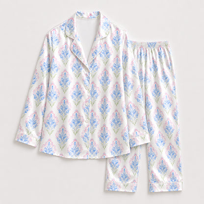 PJ-320-Women's Satin Pajamas Watercolor Medallion Floral Print Button Up Set