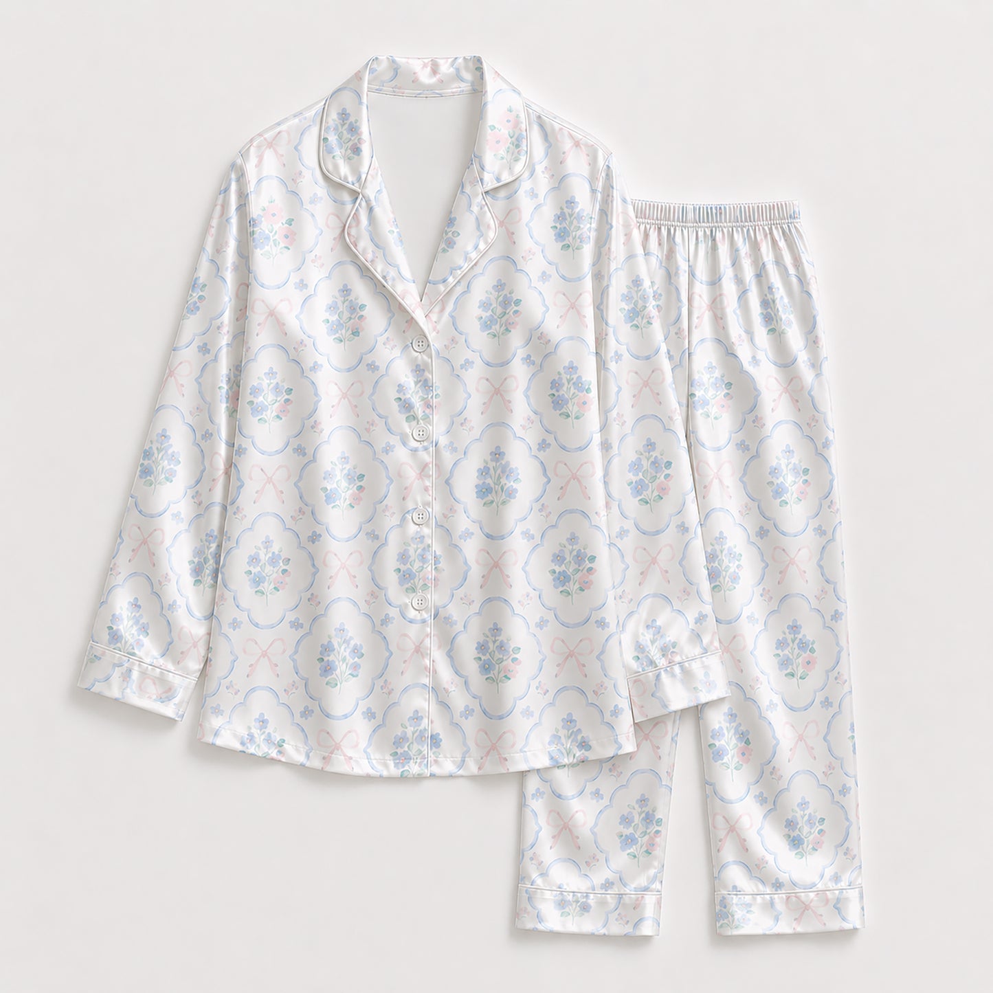 PJ-321-Scalloped Floral Bouquet and Ribbon Pattern Satin Button Down Pajamas