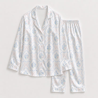 PJ-321-Scalloped Floral Bouquet and Ribbon Pattern Satin Button Down Pajamas