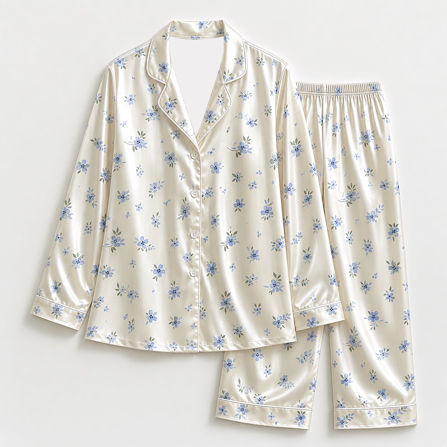 PJ-322-Ditsy Blue Floral Print Ivory Satin Button Down Pajama Set