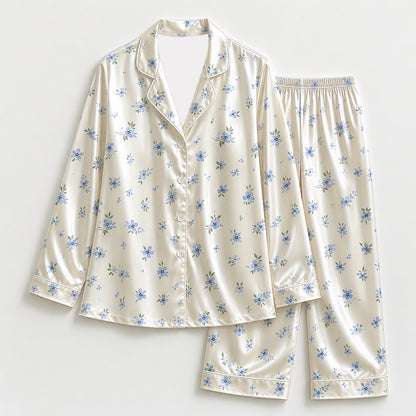 PJ-322-Ditsy Blue Floral Print Ivory Satin Button Down Pajama Set