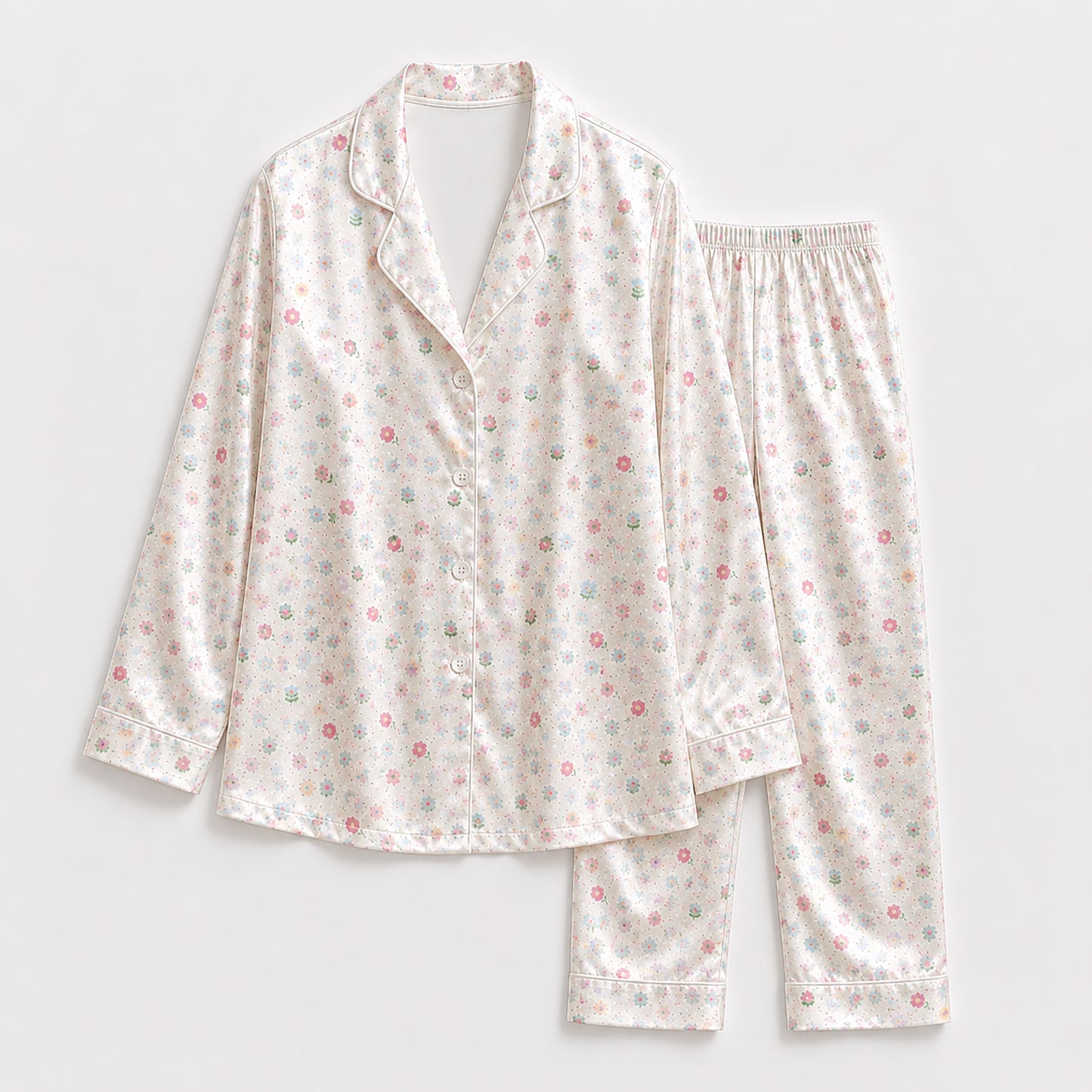PJ-323-Cream Satin Floral Pajama Set, Colorful Blossom Sleeve Loungewear Sleepwear Collection Nightwear Boutique