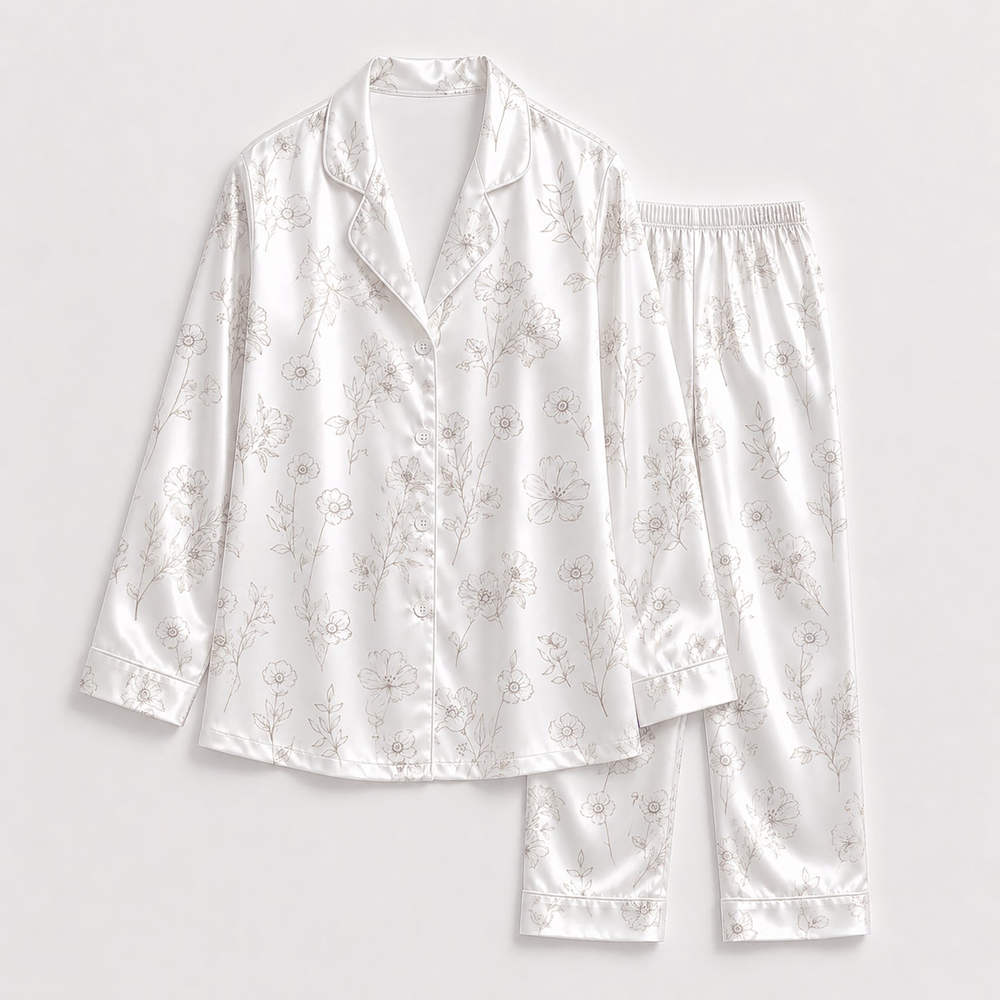 PJ-324-White Satin Floral Pajama Set, Line Art Sleeve Loungewear Sleepwear Collection Nightwear Boutique
