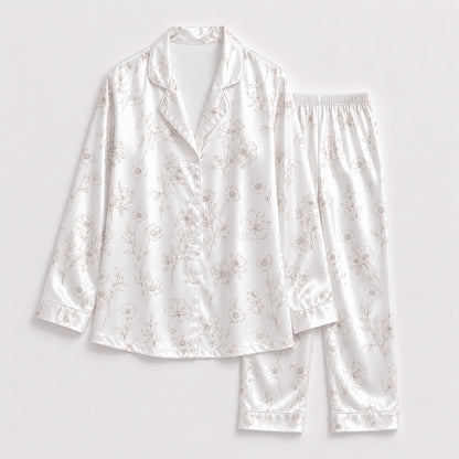 PJ-324-White Satin Floral Pajama Set, Line Art Sleeve Loungewear Sleepwear Collection Nightwear Boutique