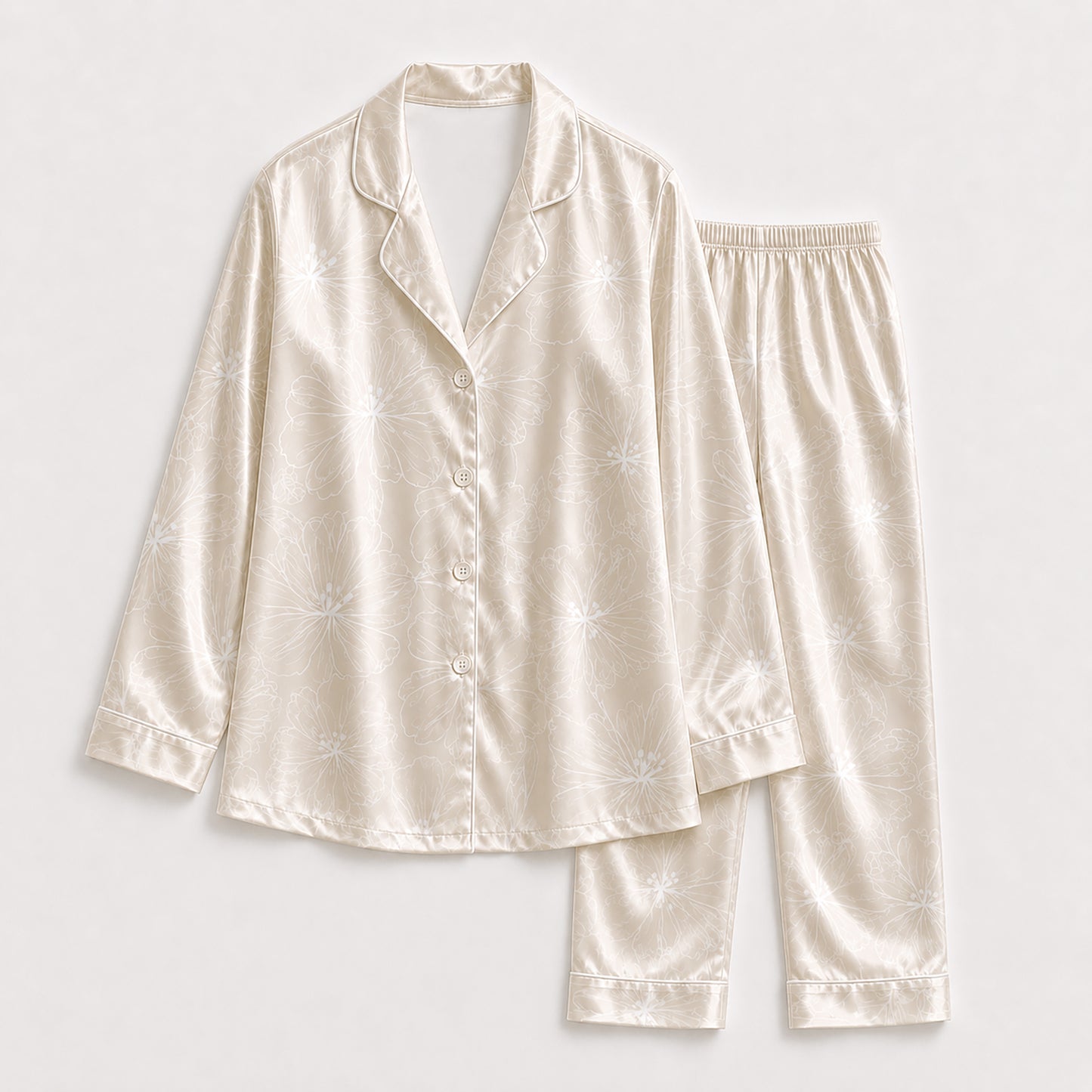 PJ-325-Champagne Satin Floral Pajama Set, White Blossom Sleeve Loungewear Sleepwear Collection Nightwear Boutique