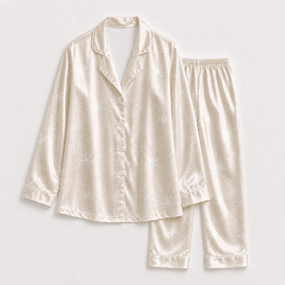 PJ-325-Champagne Satin Floral Pajama Set, White Blossom Sleeve Loungewear Sleepwear Collection Nightwear Boutique