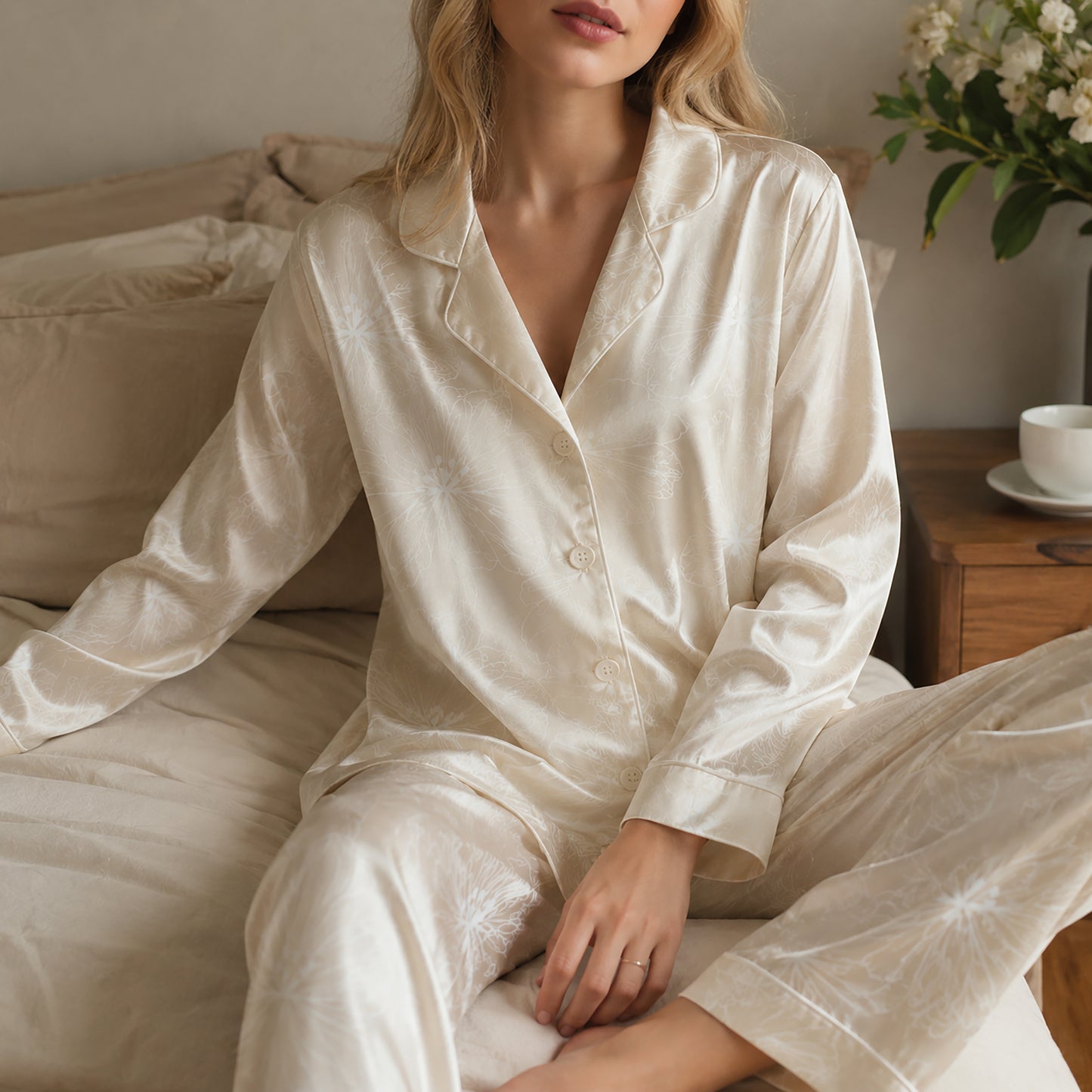 PJ-325-Champagne Satin Floral Pajama Set, White Blossom Sleeve Loungewear Sleepwear Collection Nightwear Boutique