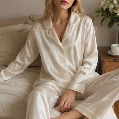 PJ-325-Champagne Satin Floral Pajama Set, White Blossom Sleeve Loungewear Sleepwear Collection Nightwear Boutique