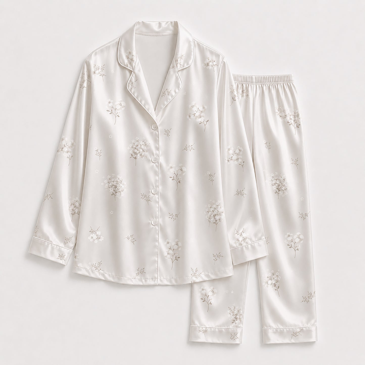 PJ-326-Minimalist Sprig Print Satin Pajama Set, Coordinated Cream Tone Lounge Underwear Nightdress Boutique Kit