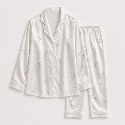 PJ-326-Minimalist Sprig Print Satin Pajama Set, Coordinated Cream Tone Lounge Underwear Nightdress Boutique Kit