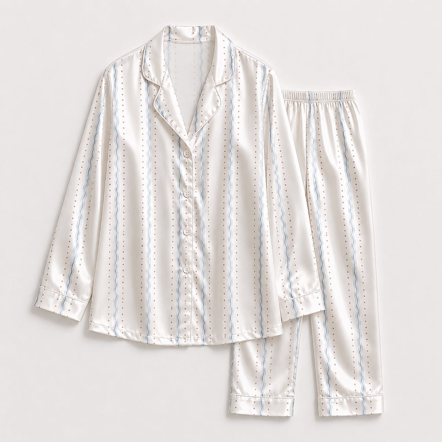 PJ-328-Minimalist Sprig Print Satin Pajama Set, Coordinated Cream Tone Lounge Underwear Nightdress Boutique Kit