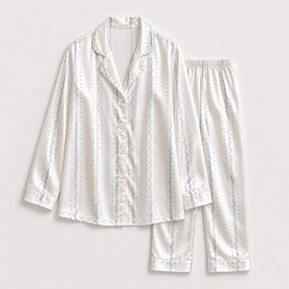PJ-328-Minimalist Sprig Print Satin Pajama Set, Coordinated Cream Tone Lounge Underwear Nightdress Boutique Kit