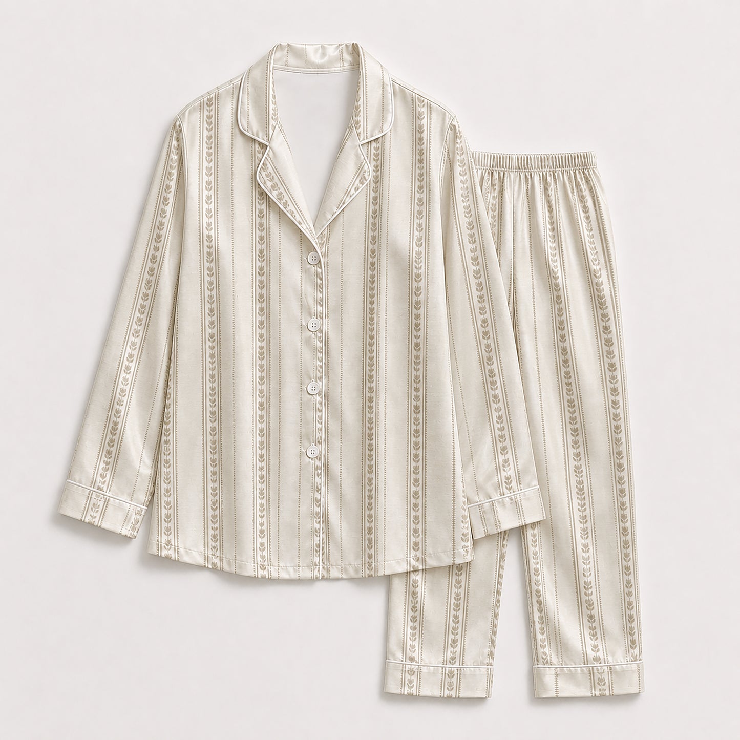 PJ-329-Champagne Satin Striped Pajama Set, Vertical Garland Sleeve Loungewear Sleepwear Collection Nightwear Boutique