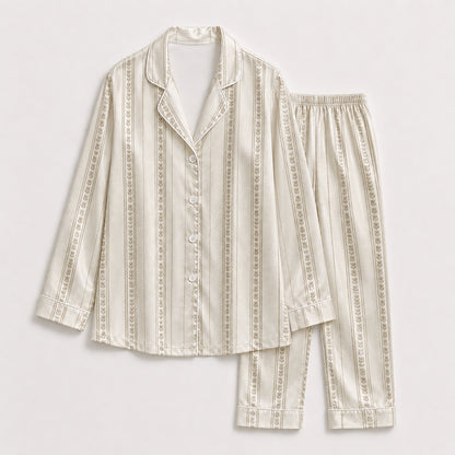 PJ-329-Champagne Satin Striped Pajama Set, Vertical Garland Sleeve Loungewear Sleepwear Collection Nightwear Boutique