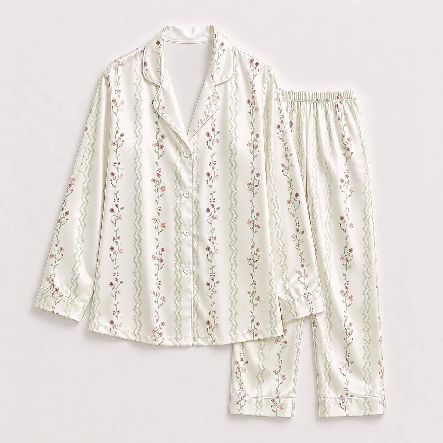 PJ-330-Cream Satin Floral Pajama Set, Vertical Vine Sleeve Loungewear Sleepwear Collection Nightwear Boutique
