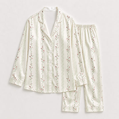 PJ-330-Cream Satin Floral Pajama Set, Vertical Vine Sleeve Loungewear Sleepwear Collection Nightwear Boutique