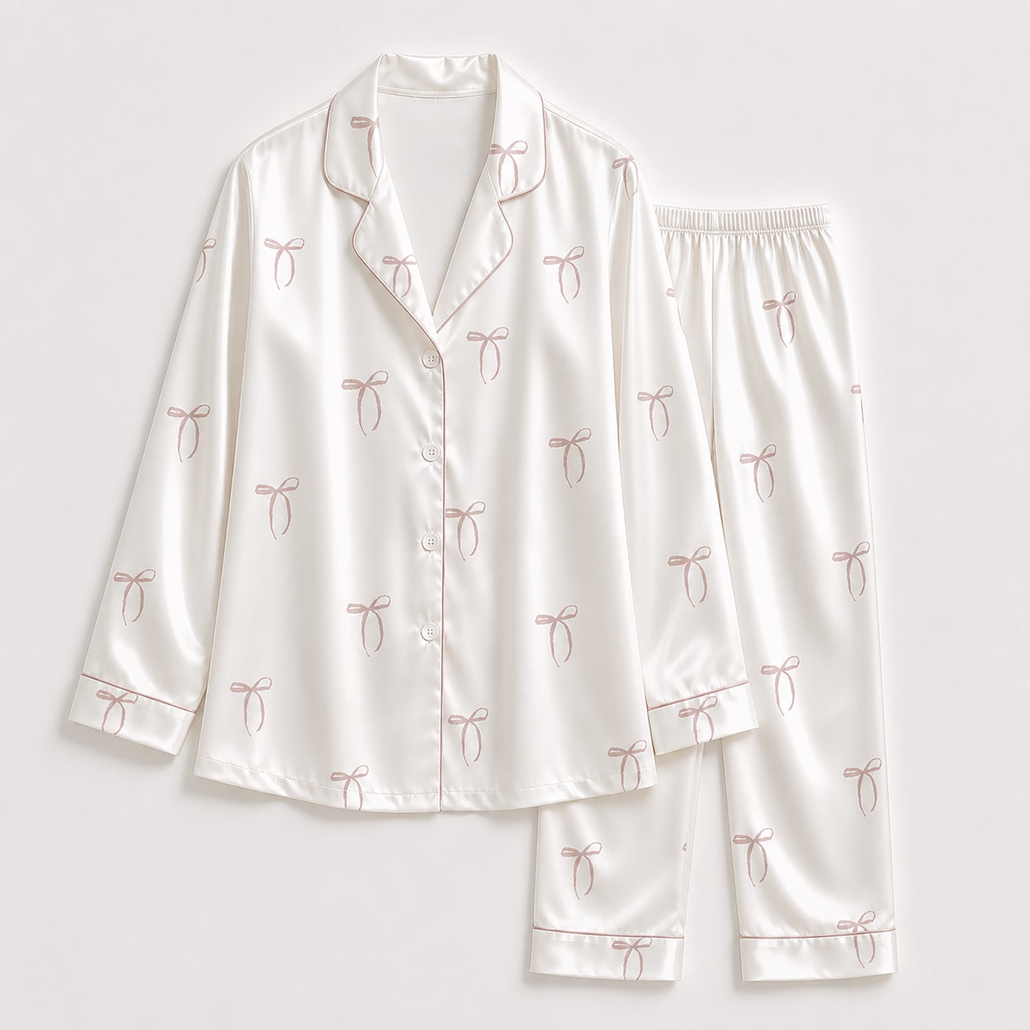 PJ-331-White Satin Ribbon Pajama Set, Pink Bow Sleeve Loungewear Sleepwear Collection Nightwear Boutique