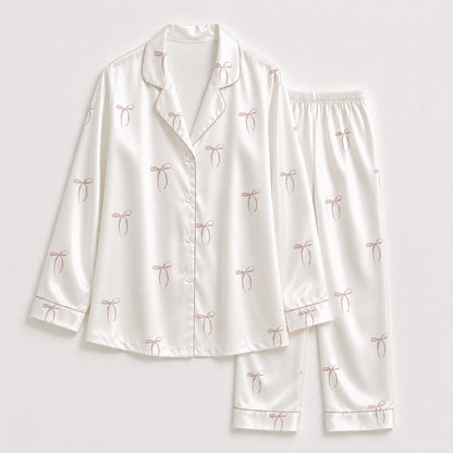 PJ-331-White Satin Ribbon Pajama Set, Pink Bow Sleeve Loungewear Sleepwear Collection Nightwear Boutique