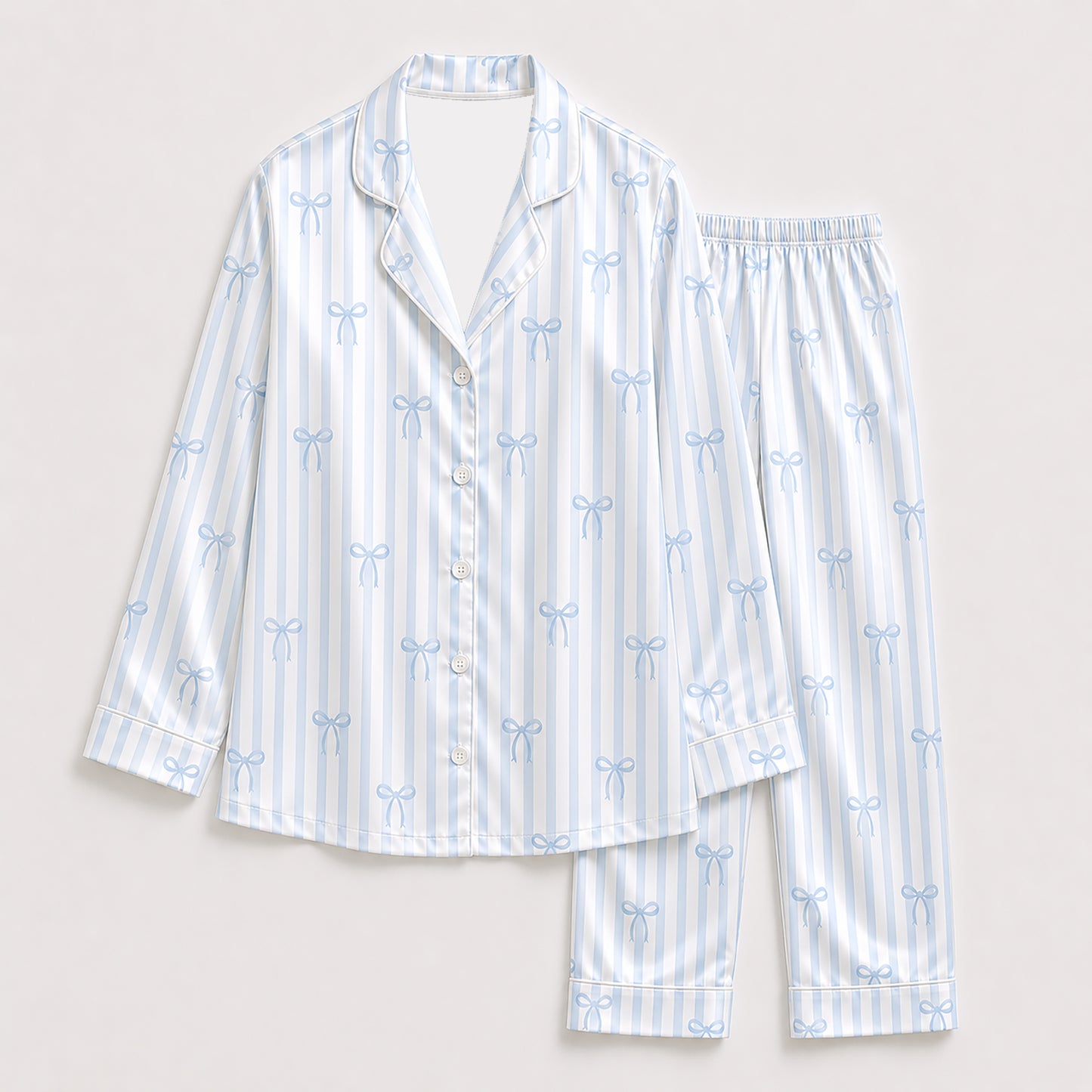 PJ-332-Blue Striped Satin Ribbon Pajama Set, Light Bow Sleeve Loungewear Sleepwear Collection Outfit