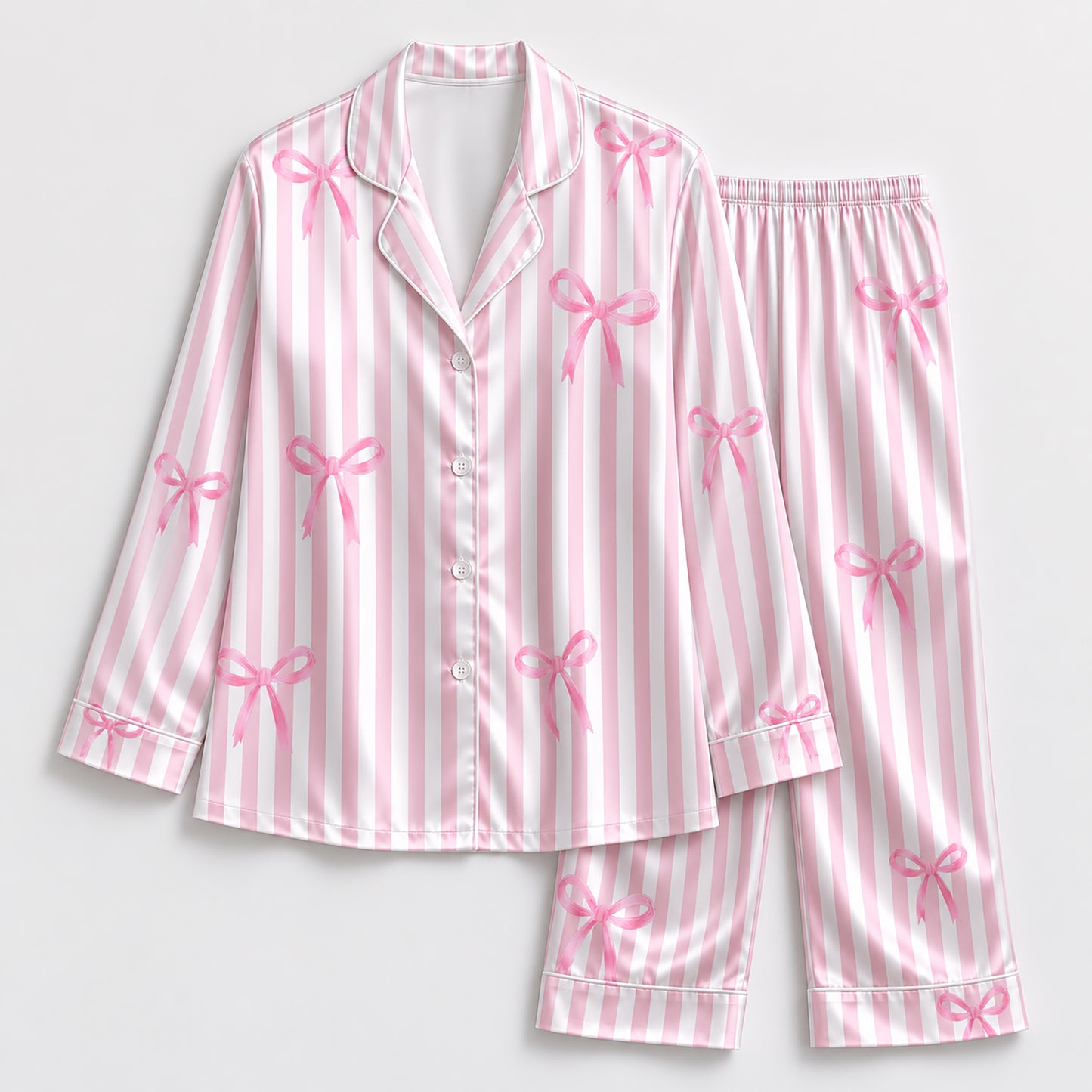 PJ-333-Pink Striped Satin Ribbon Pajama Set, Light Bow Sleeve Loungewear Sleepwear Collection Outfit