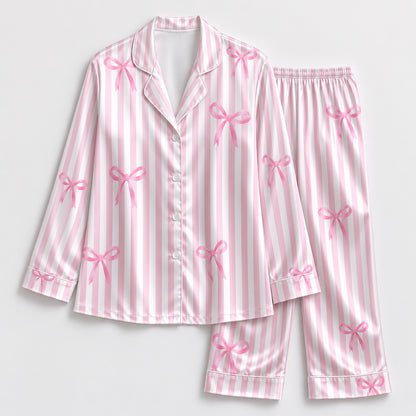 PJ-333-Pink Striped Satin Ribbon Pajama Set, Light Bow Sleeve Loungewear Sleepwear Collection Outfit