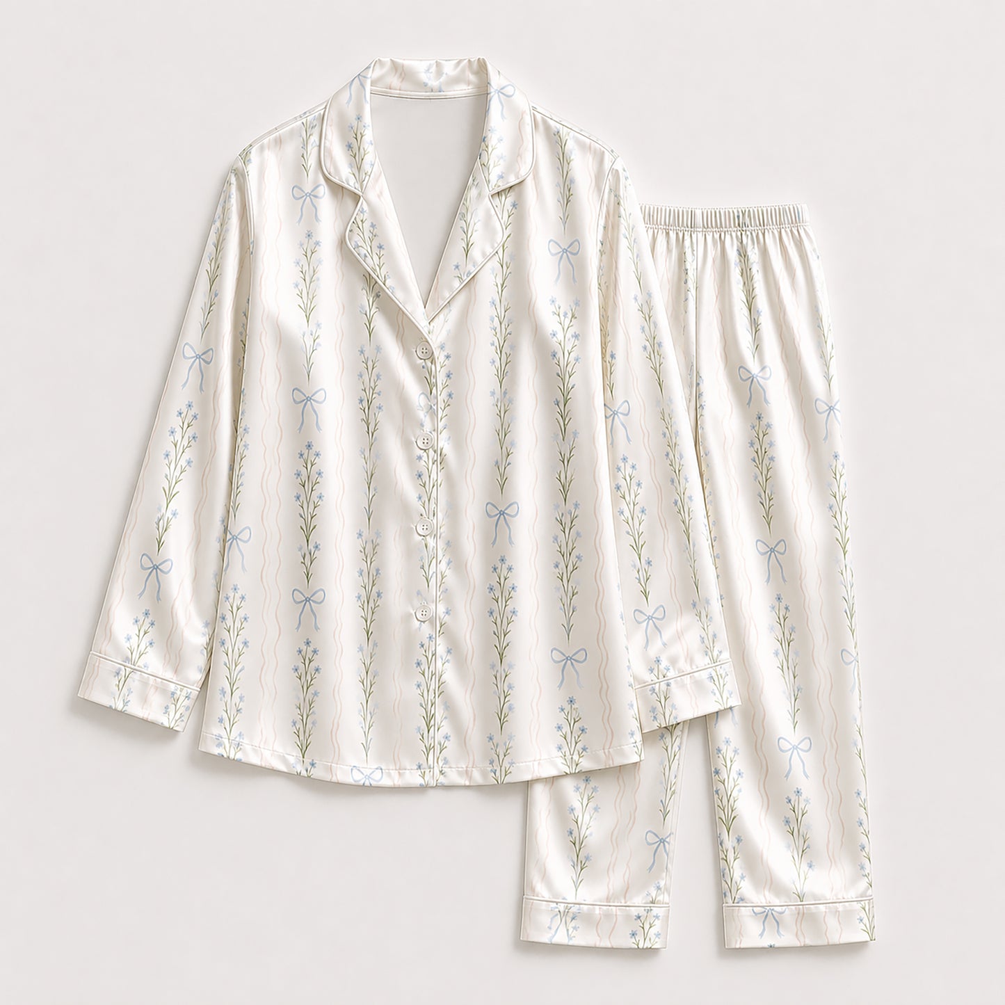 PJ-334-Ribbon Pajama Set, Blue Blossom Sleeve Loungewear Sleepwear Collection Nightwear Boutique