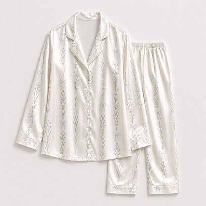 PJ-334-Ribbon Pajama Set, Blue Blossom Sleeve Loungewear Sleepwear Collection Nightwear Boutique