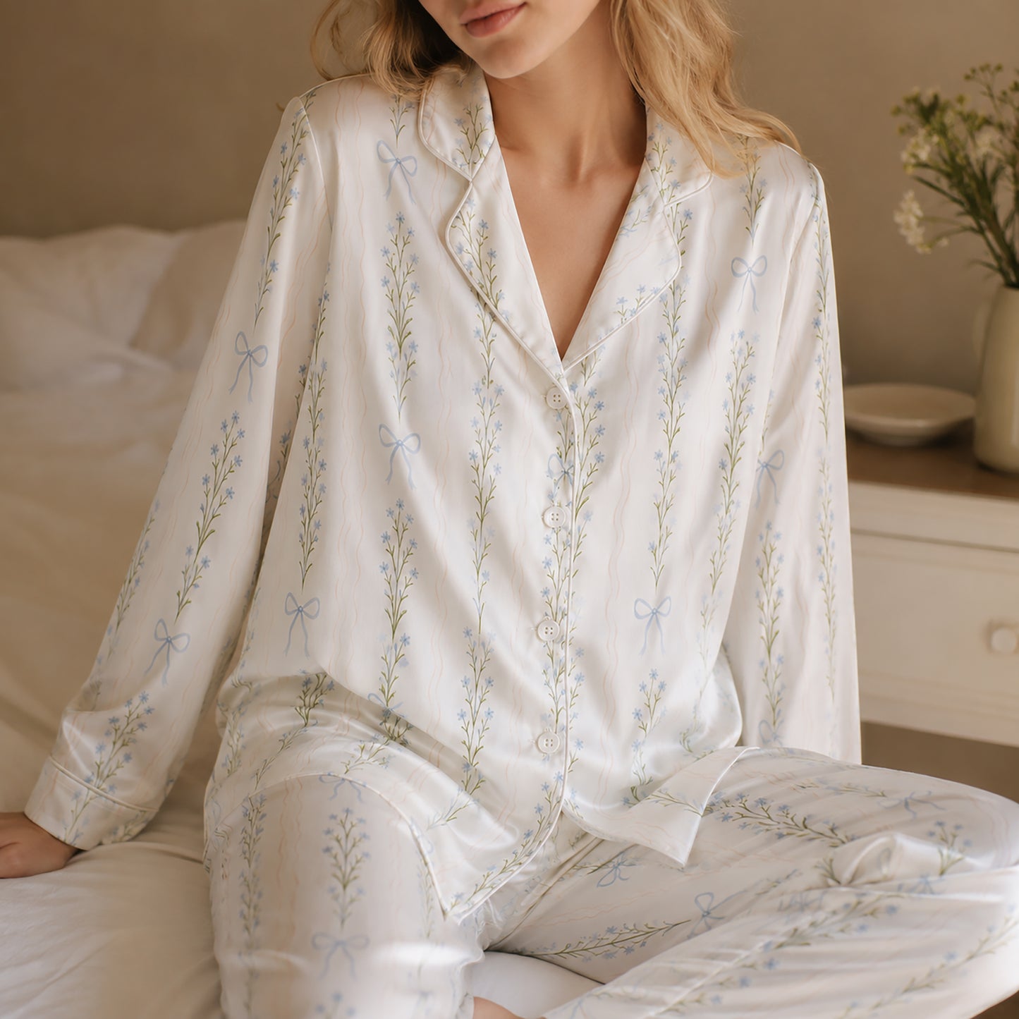 PJ-334-Ribbon Pajama Set, Blue Blossom Sleeve Loungewear Sleepwear Collection Nightwear Boutique