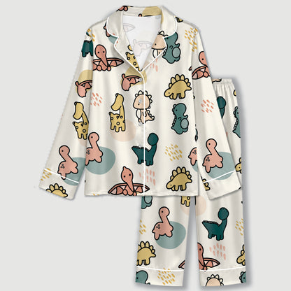 PJ-599-Cream Cute Dinosaur Satin Pajamas Pastel Dino Doodle Sleepwear Pjs