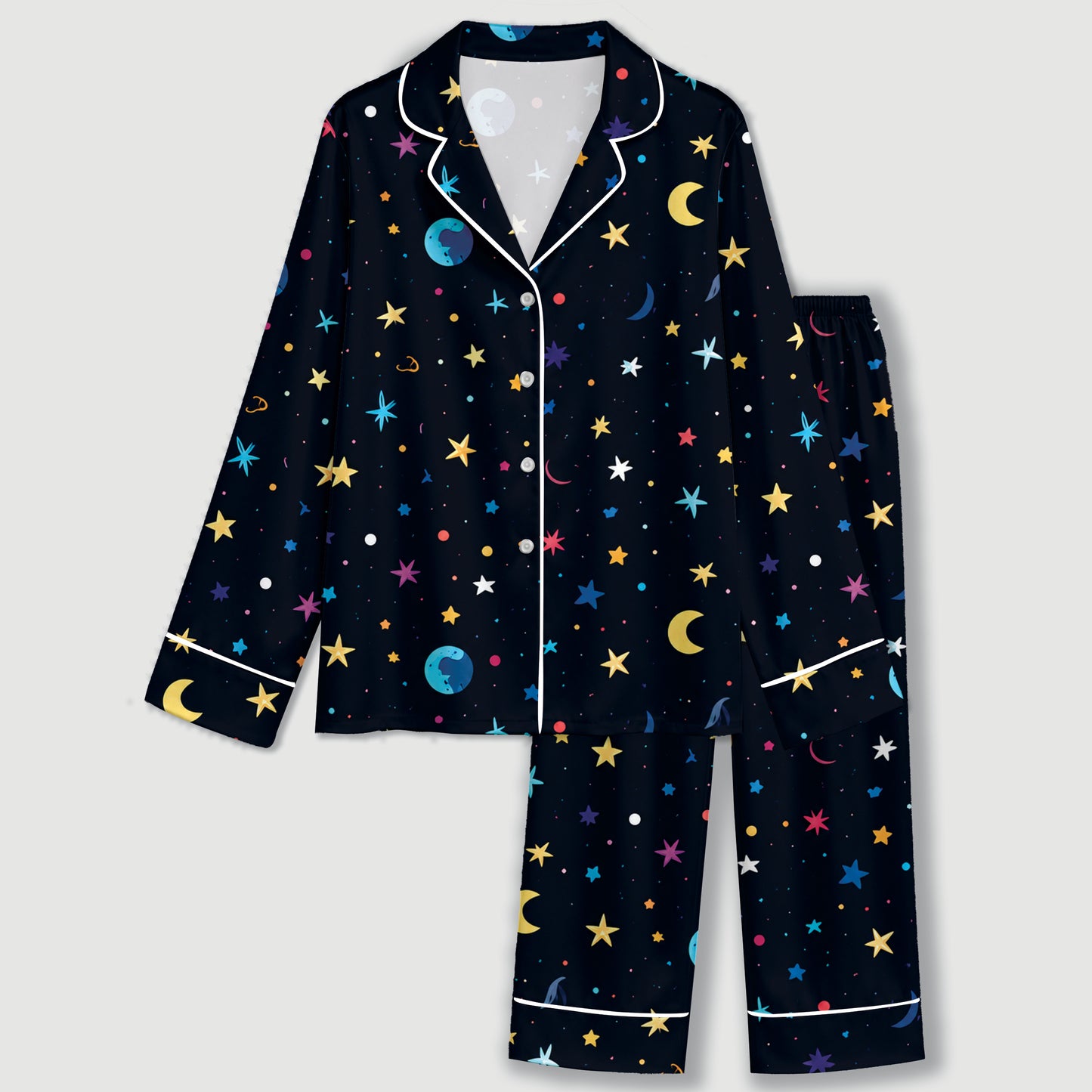 PJ-600-Black Celestial Galaxy Satin Pajamas Colorful Star Moon Planet Sleepwear Pjs
