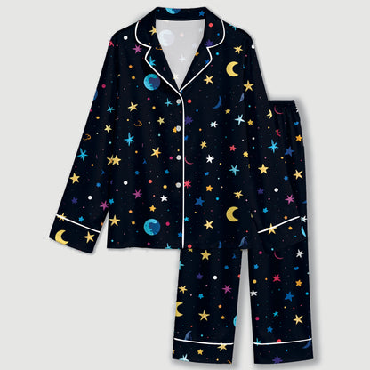 PJ-600-Black Celestial Galaxy Satin Pajamas Colorful Star Moon Planet Sleepwear Pjs