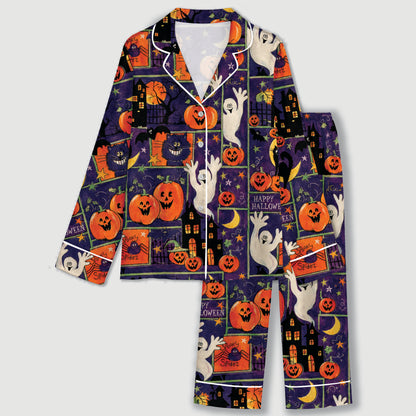 PJ-602-Purple Vintage Halloween Patchwork Satin Pajamas Ghost Pumpkin Cat Sleepwear Pjs